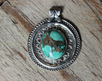 Vintage Sterling and Turquoise Pendant Signed Art Marked Southwestern Art Jewelry Necklace Pendant Round Circular Medallion One of a Kind