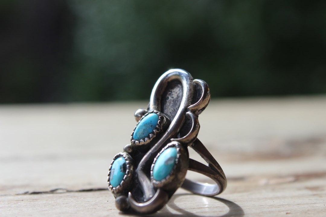 Vintage Sterling and Turquoise Ring Three Stones Silver and Turquoise ...