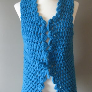 Vintage Hand Knit Sweater Vest Teal Blue with Tie in Front