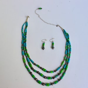 Vintage Sterling Silver Turquoise Beaded Necklace and Earrings Retro Boho Jewelry Set Blue Green Teal Accessory