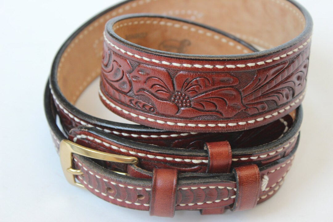 Vintage Justin Leather Brown Belt Tooled Top Grain Cowhide Ernest