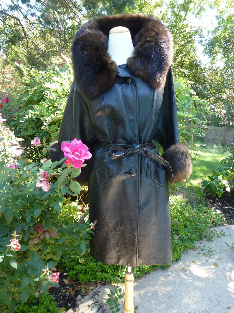 Women's Leather Coat with Fur Collar & Cuffs