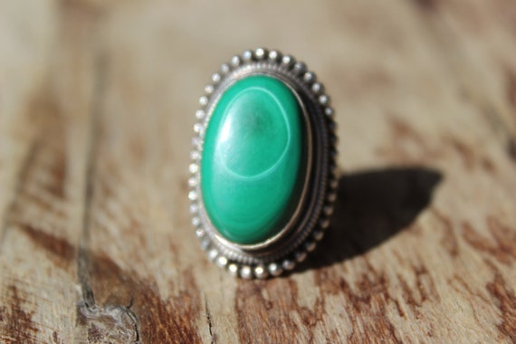 Vintage Sterling and Large Green Turquoise Ring B… - image 1