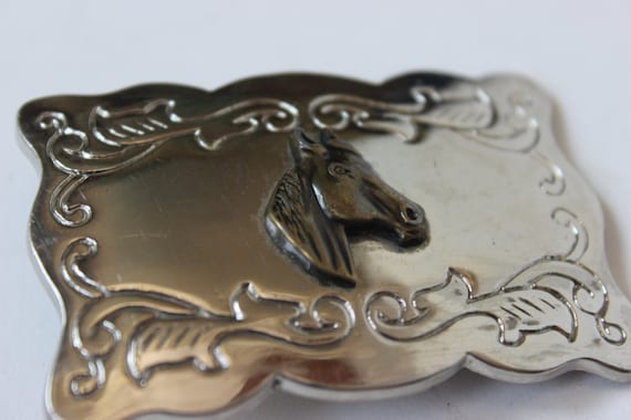 Vintage Silver Belt Buckle Horse Head Profile Rec… - image 3