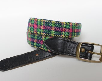 Vintage Needlepoint Belt Preppy Plaid Needlepoint and Navy Leather with brass buckle.  Small needlepoint belt. Golf belt. 1980s