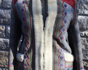 Vintage Sheepskin Coat Made in Poland Mountaineering Shearling Coat Embroidered Suede and Sheepskin