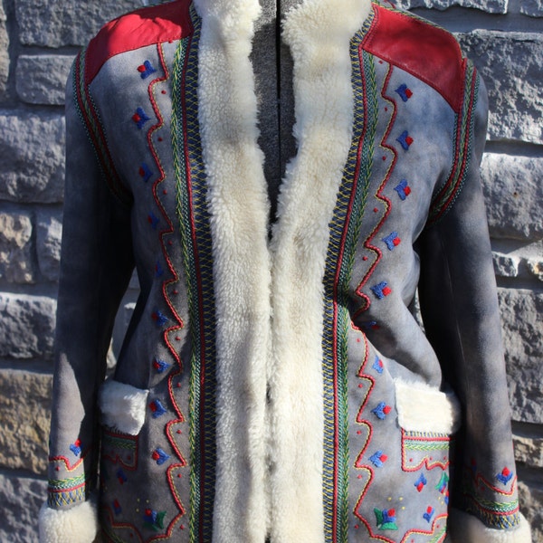 Vintage Sheepskin Coat Made in Poland Mountaineering Shearling Coat Embroidered Suede and Sheepskin