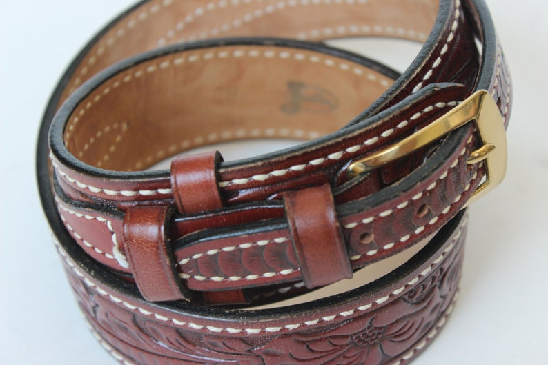 Vintage Justin Leather Brown Belt Tooled Top Grain Cowhide Etsy