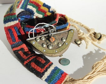 Vintage Ethnic Hand Woven Wool Belt with Pouch of Metal Leather and a Stone