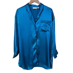 Vintage Victoria&#39;s Secret Lingerie Nightgown Medium Boyfriend Oversized Sleep Shirt Y2K 2000&#39;s 90&#39;s Gold Label Teal Blue Satin VS Monogram