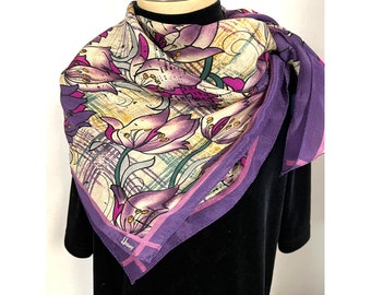 100% SILK SCARF by HONEY Vintage 90's Y2K Tulip Floral Purple Lilac Border 2000's