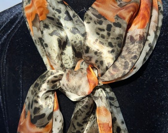 Leopard Floral SCARF Silky Orange Rose Animal Print Semi Sheer Flowy Drape