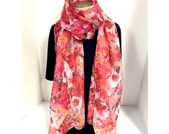 Poppy Chiffon SCARF Floral Head Covering CollectionEighteen Watercolor Pink Red Lightweight Spring Summer