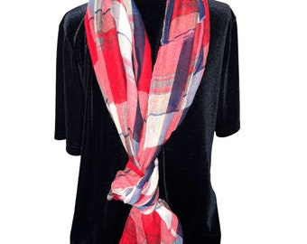 Americana Plaid Infinity SCARF Lightweight Red Navy Blue Window Pane Check Cabincore Hipster