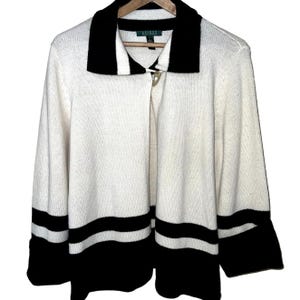 Vintage Lauren Ralph Lauren 100% Wool Sweater Knit Cardigan Sz Large Colorblock Stripe Academia Collegiate Preppy Warm