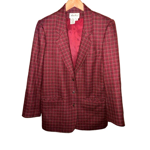 Vintage Eddie Bauer Blazer Size Medium Plaid Wool Jacket Burgundy Red Academia Classy Preppy 2000's Y2K