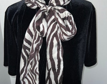 Animal Print SCARF Silky Tie Knot Ends Zebra Brown White Classy Chic Mod
