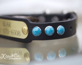 Leather Dog Collar, Personalized Leather Collar, Dog Collar, Leather with Turquoise, Name Engraved Collar, Dog Collar ID, Puppy Collar