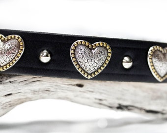 Leather Collar, Heart Concho Collar, 1 inch collar, Dog Collar, Goat Collar, Hearts, Puppy Collar, Leather Collar with Hearts, Soft leather