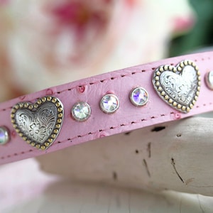 Leather Dog Collar with hearts and crystals, 1 inch wide rhinestone collar, heart collar, swarovski crystals, bling dog collar, puppy collar