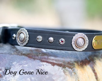 Leather Dog Collar, Personalized Collar, Name id Collar, Personalized Leather Collar, Dog Collar, Pet Collar, Concho Crystal Collar, 1 inch