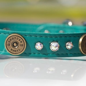 May include: Teal leather dog collar with shotgun shell accents and clear rhinestones. The collar has the text "SHOTGUN SHELL 12 GA" on the shell accent.