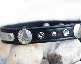 Leather Dog Collar, Indian Concho, Black Diamond Crystal, Personalized