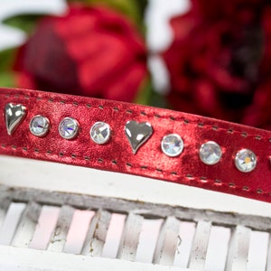 Leather Crystal Dog Collar, Hearts and Crystals, Red Holiday Collar, Sparkly Leather Collar, Bling Leather, Metallic Leather, 1 inch collar image 5