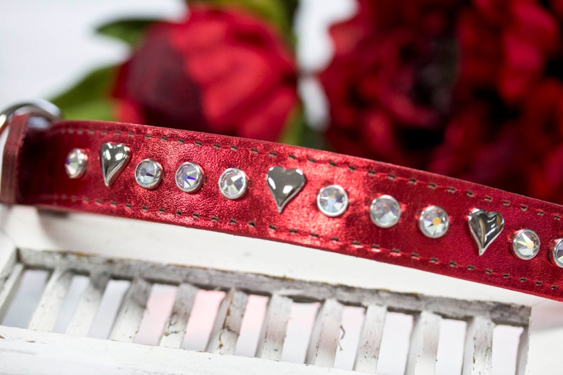 Leather Crystal Dog Collar, Hearts and Crystals, Red Holiday Collar, Sparkly Leather Collar, Bling Leather, Metallic Leather, 1 inch collar image 5