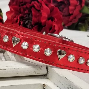 Leather Crystal Dog Collar, Hearts and Crystals, Red Holiday Collar, Sparkly Leather Collar, Bling Leather, Metallic Leather, 1 inch collar image 1