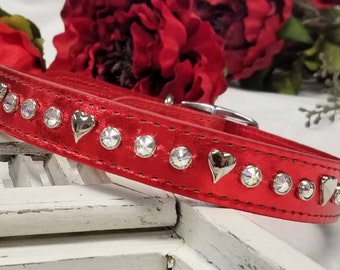 Leather Crystal Dog Collar, Hearts and Crystals, Red Holiday Collar, Sparkly Leather Collar, Bling Leather, Metallic Leather, 1 inch collar