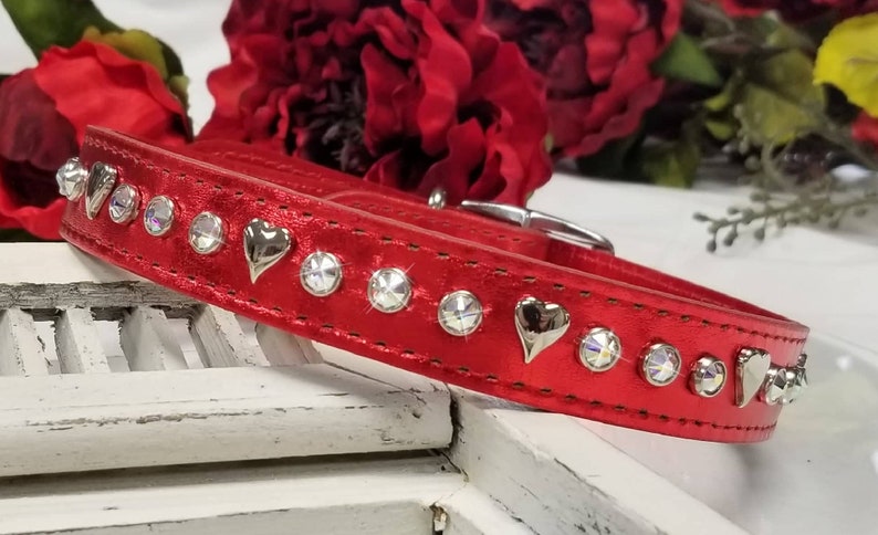 Leather Crystal Dog Collar, Hearts and Crystals, Red Holiday Collar, Sparkly Leather Collar, Bling Leather, Metallic Leather, 1 inch collar image 1
