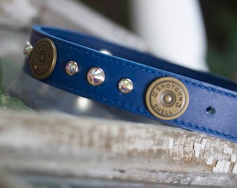 Blue Leather Dog Collar, Hunting Dog Collar, Shotgun Shell Dog Collar, Personalized Dog Collar, 1 inch wide Collar, 12 Gauge Dog Collar