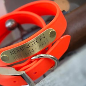 Blaze Orange Waterproof Hunting Dog Collar - Personalized Engraved Nameplate - High Visibility Biothane - Handmade in USA - Odor Proof