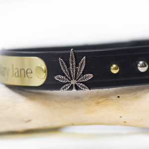 Op de afbeelding: Zwarte leren hondenriem met een gouden naamplaatje met de tekst "Mary Jane" en een zilveren marihuana-bladbedel. De riem heeft zilveren en gouden studs.