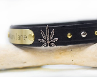 Weed Leaf Leather Collar Personalized, Marijuana Dog Collar with Name, Personalized Dog Collar, Leather Collar Personalized, Cannabis Collar