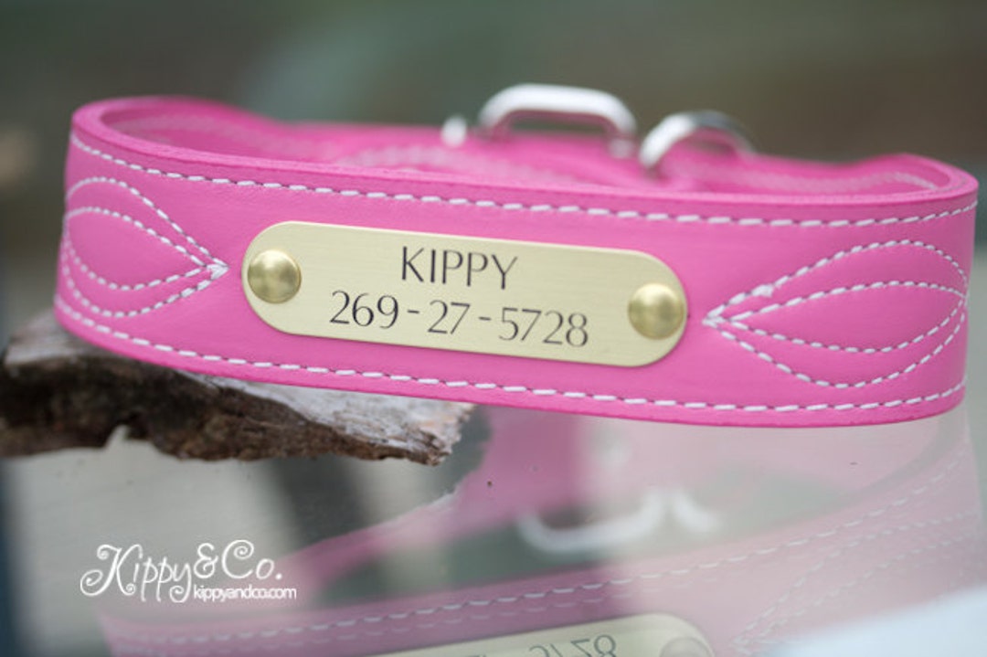 Leather Dog Collar Leather Dog Collar With Name Plate Pink Etsy