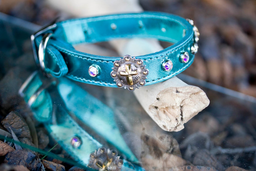 Leather Dog Collar Cross Concho Crystal Collar Handmade Etsy