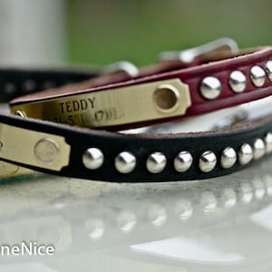 Pode incluir: Duas coleiras de cão de couro com placas de nome de metal e tachas prateadas. A coleira superior é bordô com o nome "TEDDY" gravado na placa. A coleira inferior é preta com o nome "SADIE" gravado na placa.