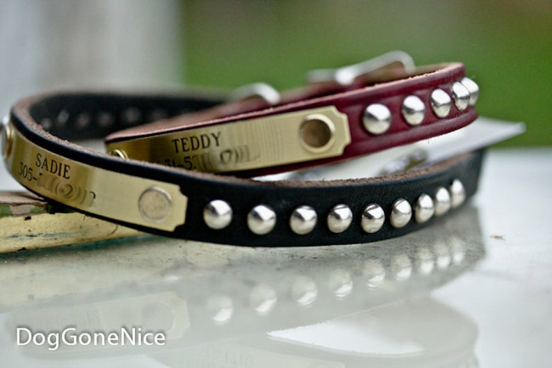 Leather Dog Collar Personalized, Small Leather Dog Collar, Studded Collar, Personalized Dog Collar, Thin Leather Dog Collar, 1/2 inch wide image 1