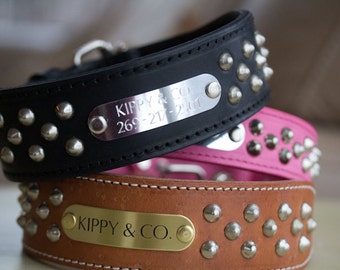 2 Inch Studded Leather Dog Collar, Wide Engraved Collar