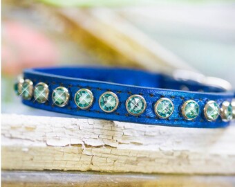 Handmade Leather Dog Collar, Turquoise Swarovski Crystals, USA Made