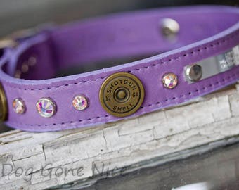 12 Gauge Shotgun Shell Dog Collar with Personalized Name Plate, Hunting Dog Collar, Concho Crystal Collar, Pink Leather Dog Collar, Lavender