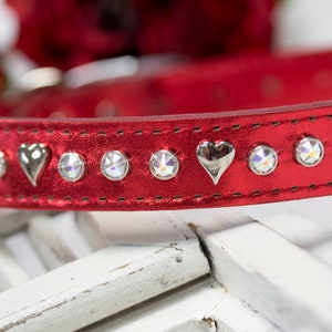 Leather Crystal Dog Collar, Hearts and Crystals, Red Holiday Collar, Sparkly Leather Collar, Bling Leather, Metallic Leather, 1 inch collar image 6
