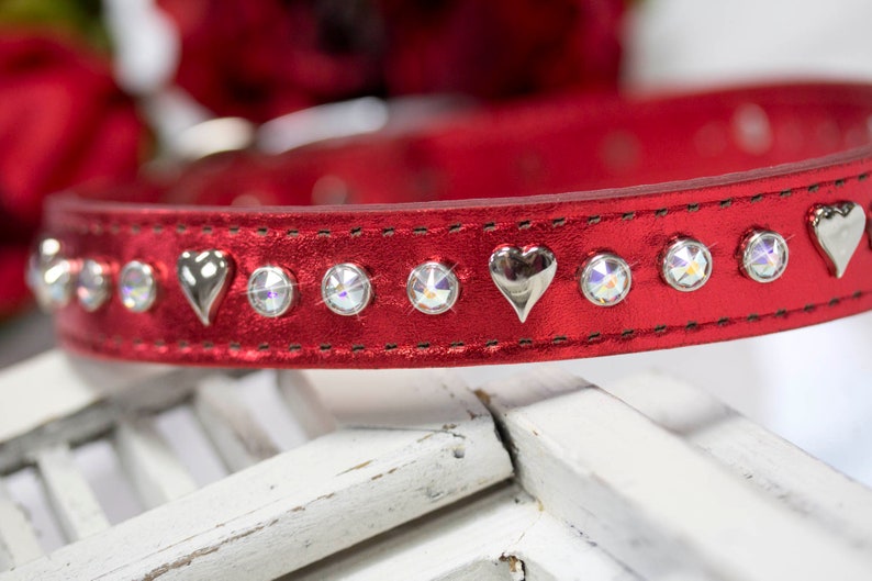 Leather Crystal Dog Collar, Hearts and Crystals, Red Holiday Collar, Sparkly Leather Collar, Bling Leather, Metallic Leather, 1 inch collar image 6