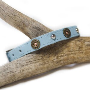 May include: A light blue leather dog collar with silver studs and brass bullet casings. The collar is on a light brown branch.
