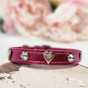 Heart Crystal Dog Collar, Leather Puppy Collar, Crystal Dog Collar, Leather Dog  Collar with hearts, Small Dog Collar, Thin Dog Collar