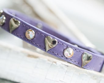 Lavendel Leder Hundehalsband, Swarovski Kristall Herz Welpen Halsband