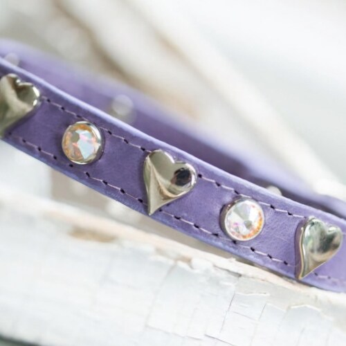 Lavender Leather Dog Collar, Swarovski Crystal Heart Puppy Collar