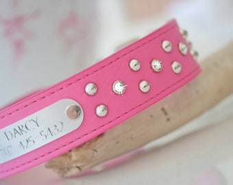 Leather Dog Collar, Personalized Leather Collar, Leather Collar with Studs and Crystals, Fashion Dog Collar, 1.5 inch wide, Pink Collar